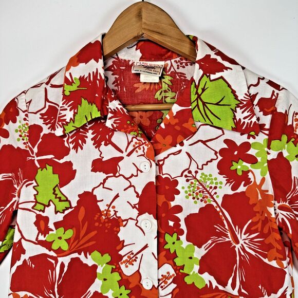 Vintage Lightning Bolt Hawaiian Shirt Women Small Red Hibiscus Floral Aloha Surf - Picture 2 of 13